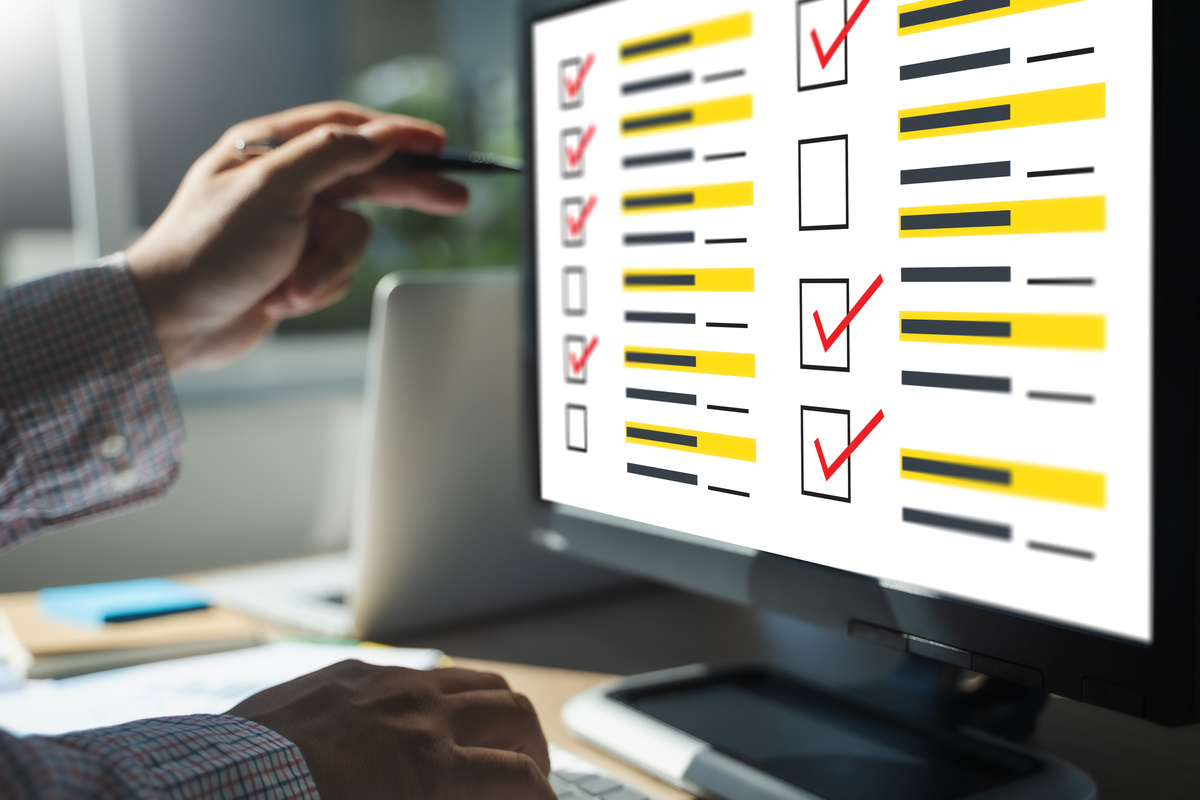businessman SURVEY and Results Analysis Discovery poll Concept online test assess survey evaluate on computer  digital Assessment analysis Business